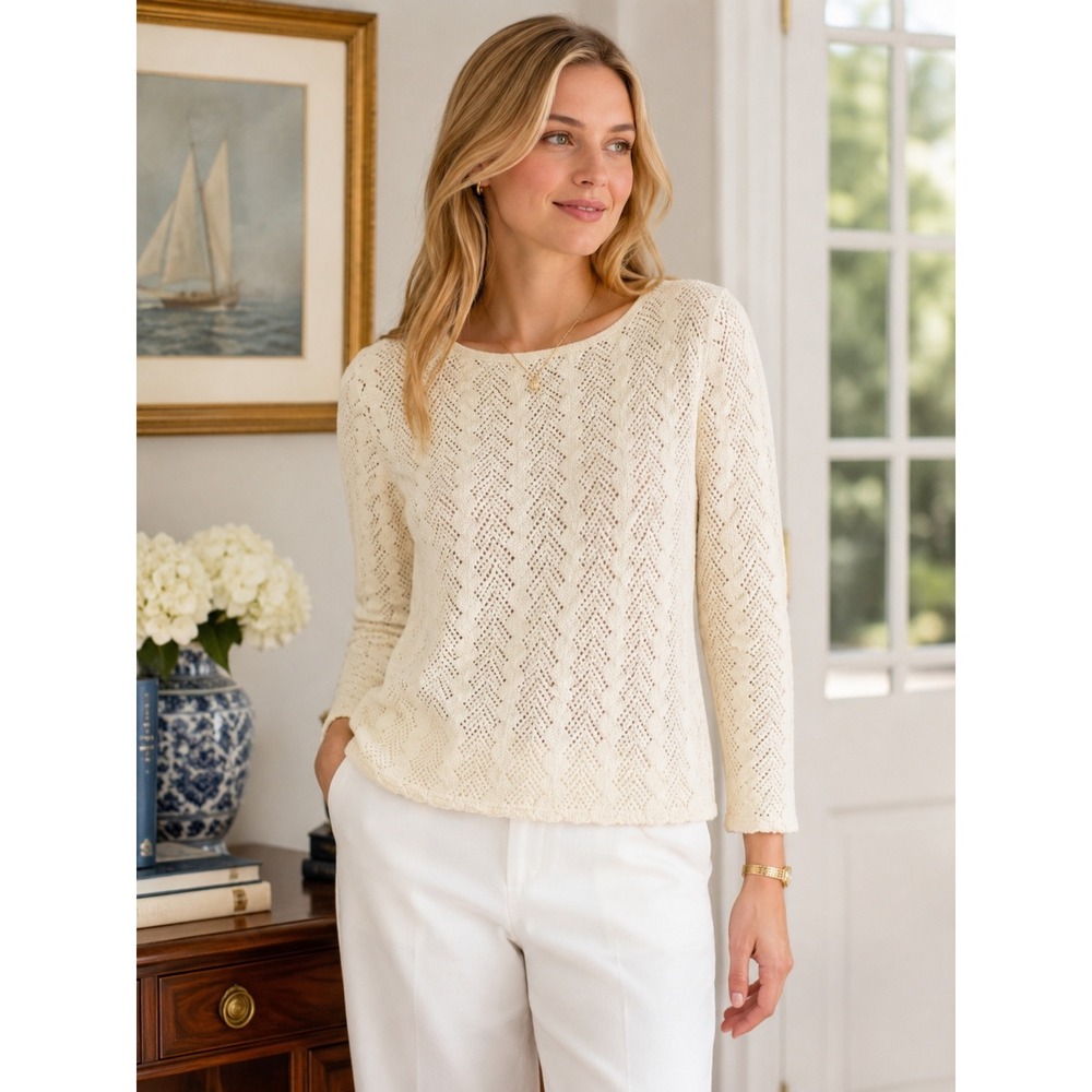 Vintage St. John Collection Ivory Open Knit Pointelle Sweater Sz 4 USA Luxury